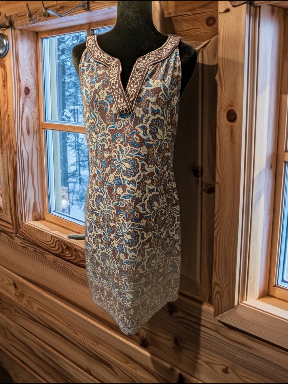 Sleeveless Floral Midi Dress in Brown and Blue (A47)